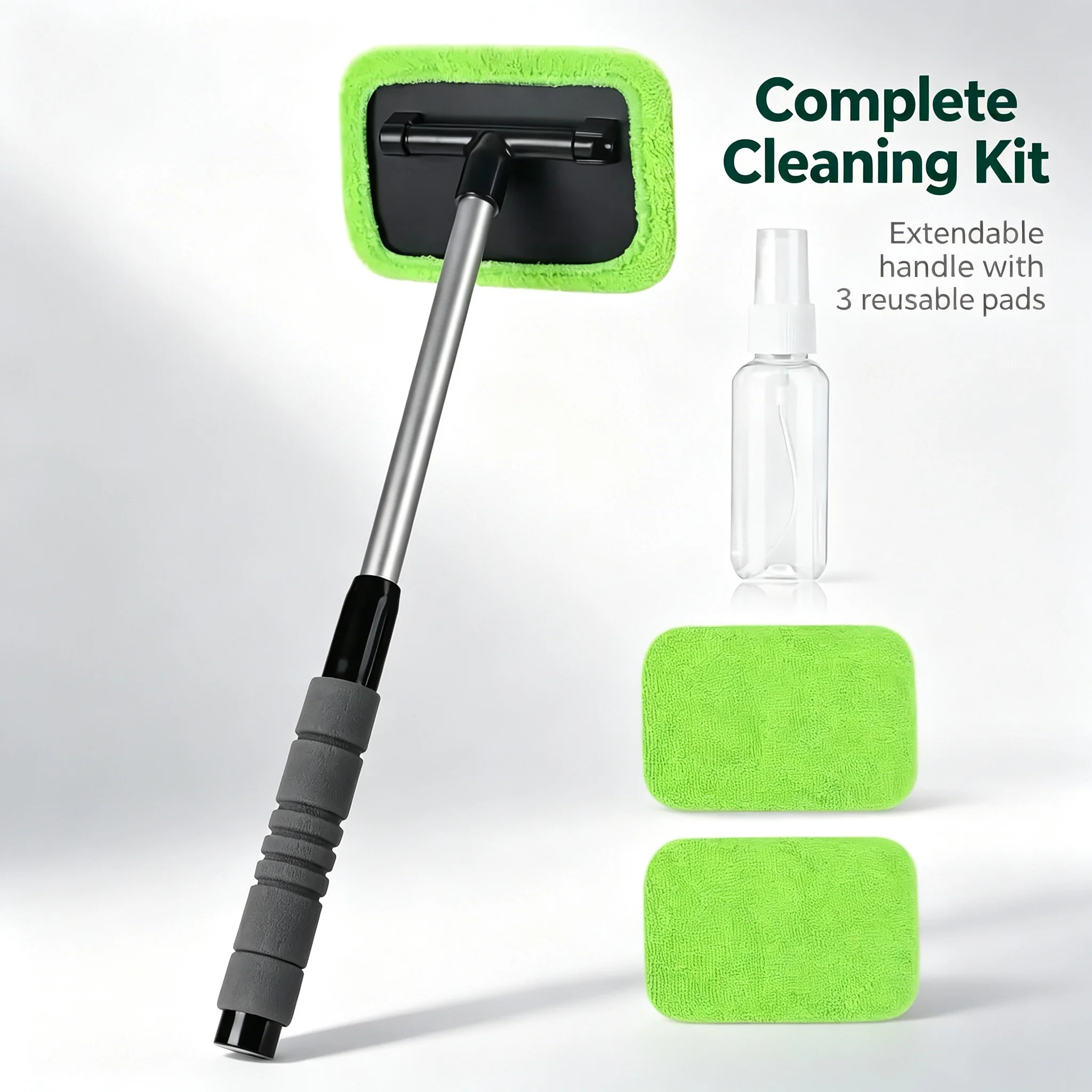 Windshield Cleaner - Microfiber Car Window Cleaner With 3 Reusable And Washable Microfiber Pads And Extendable Handle - For Auto