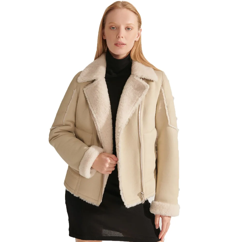 

Denny&Dora Womens Shearling Bomber Jacket Beige Leather Jacket Short Fur Coat Womens Winter Coats