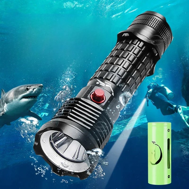 Lampe de poche professionnelle pour la pêche sous-marine et la plongée sous-marine XHP199, 9900 Lumens, torche 26650