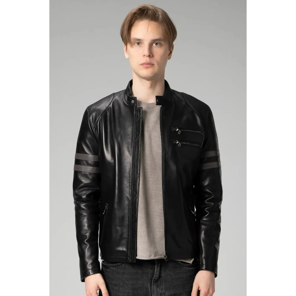 Men's Judge Collar Slim Cut Genuine Leather Coat Black Genuine Lambskin Durable Quality Waterproof Sportswear Biker Jacket