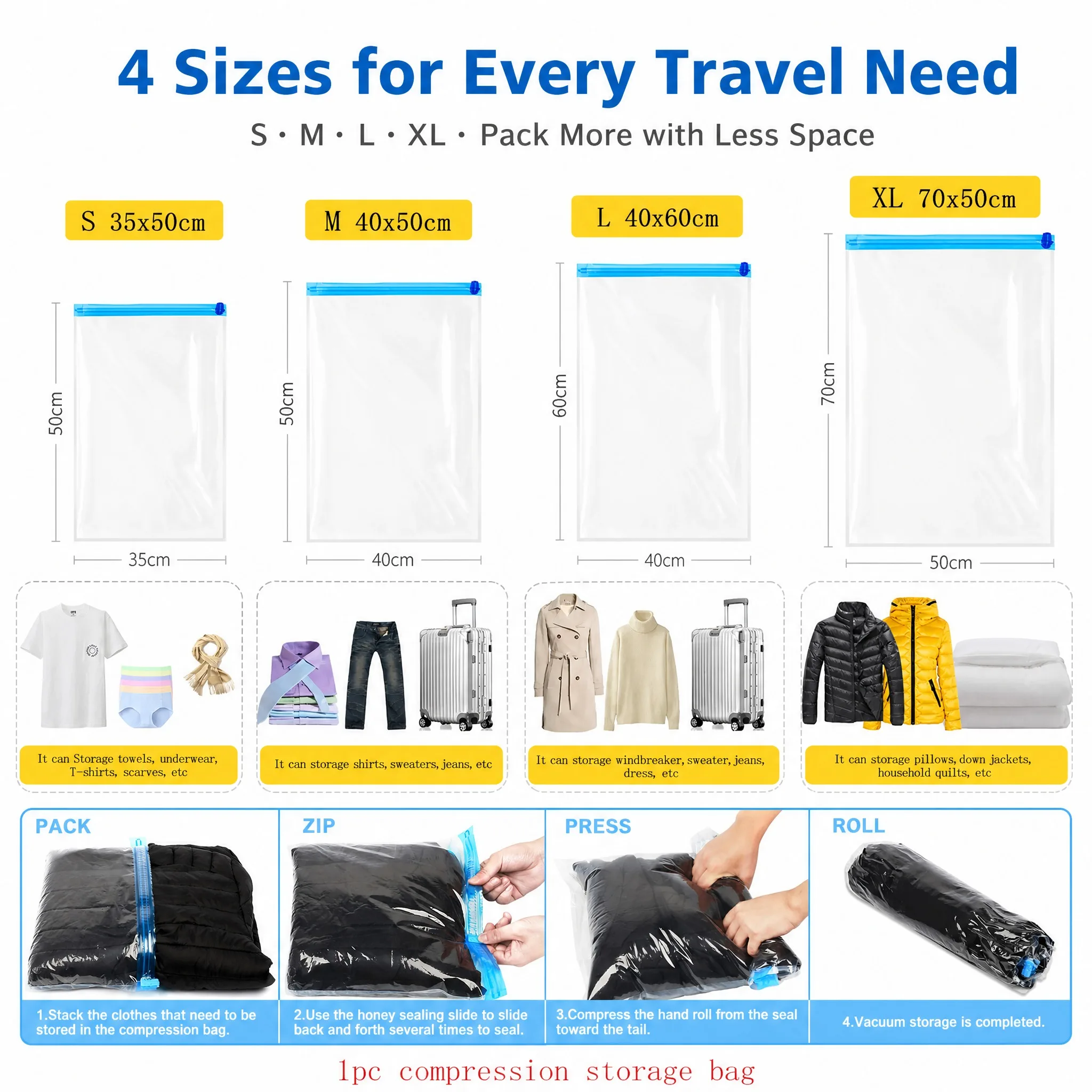 Travel Compression Bags, Roll Up Travel Space Saver Bags for Luggage, Cruise Ship Essentials Cothes, Folding Compressed Bag