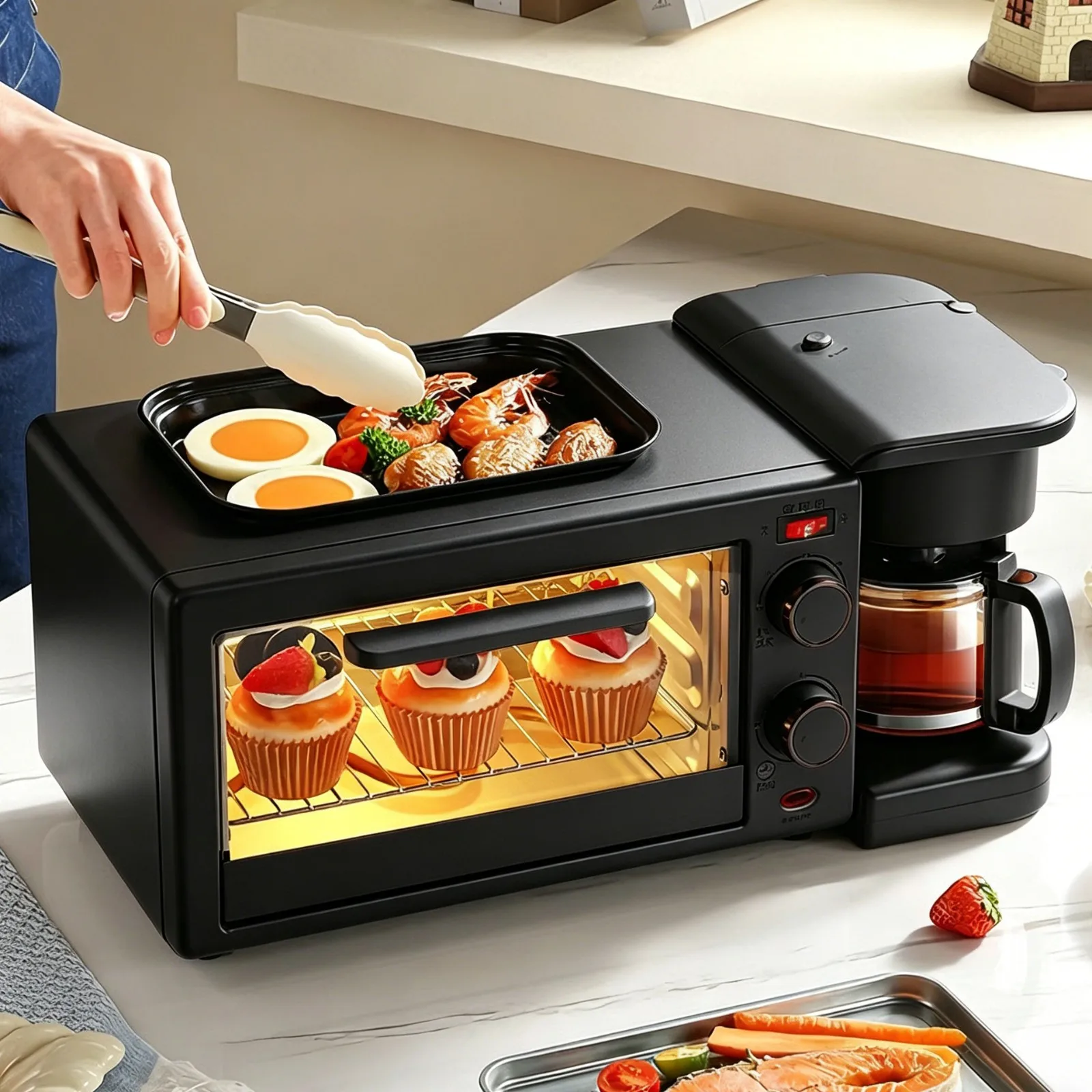 Máquina de Desayuno 3 en 1 con Cafetera de 600 ml, Horno, Sartén, Tostadora Multifuncional, Estación de Desayuno para Pan, Tostadas, Té