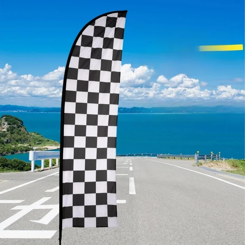 Bannière en polyester à carreaux noir et blanc, plume flottante, matériau 107, impression double face, drapeau