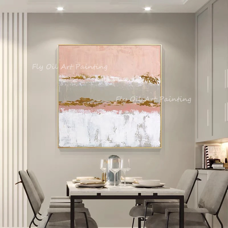 

100% Handmade simple pink and grey canvas large size square picture thick Oil Painting Porch Aisle For Living Room unframe