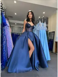 Sparkly Lace Sequin Corset Prom Dresses with Slit A Line Sleeveless V Neck Backless Satin Evening Gowns Illusion Beading Floor