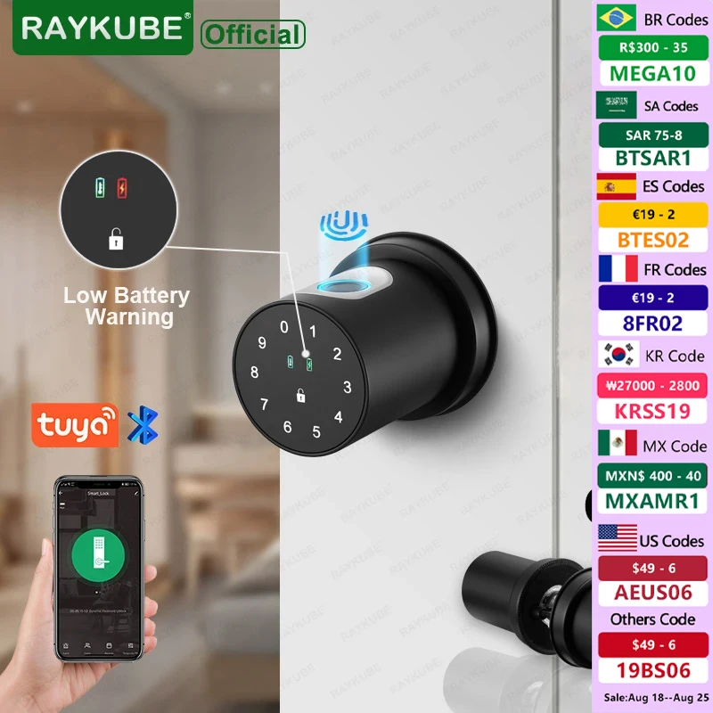 

NEW RAYKUBE Q1 Electronic Lock Tuya Smart Lock Knob Bluetooth Smartlife Cylindrical fingerprint Electronic Code Lock APP Control