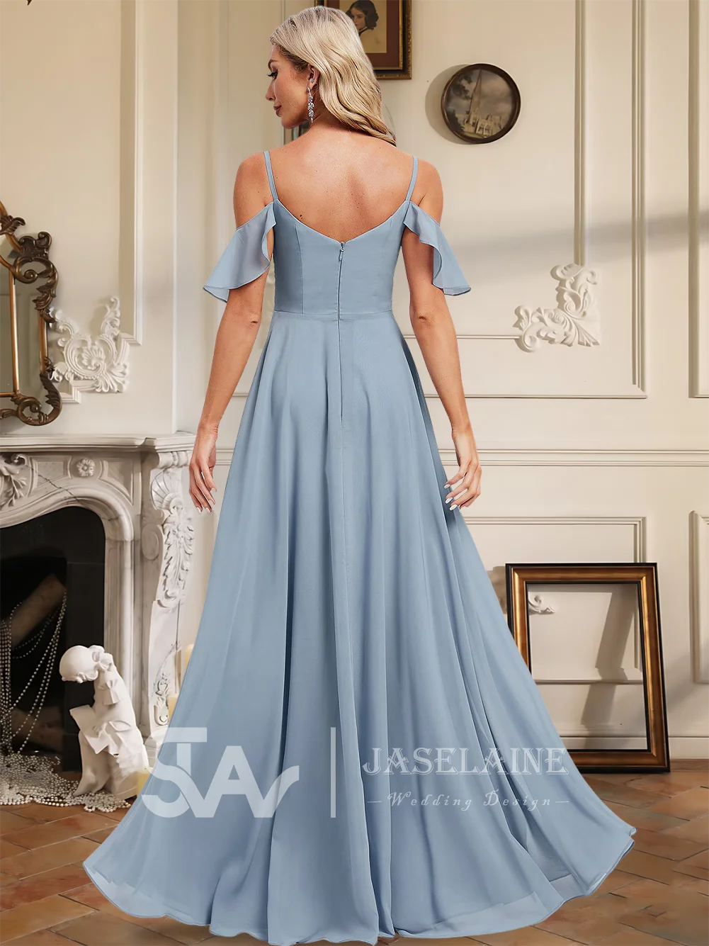 Luxury A-Line Chiffon Bridesmaid Dresses Floor-Length Cold Shoulder Spaghetti Straps Ruffle Wedding Party Evening Cocktail Women