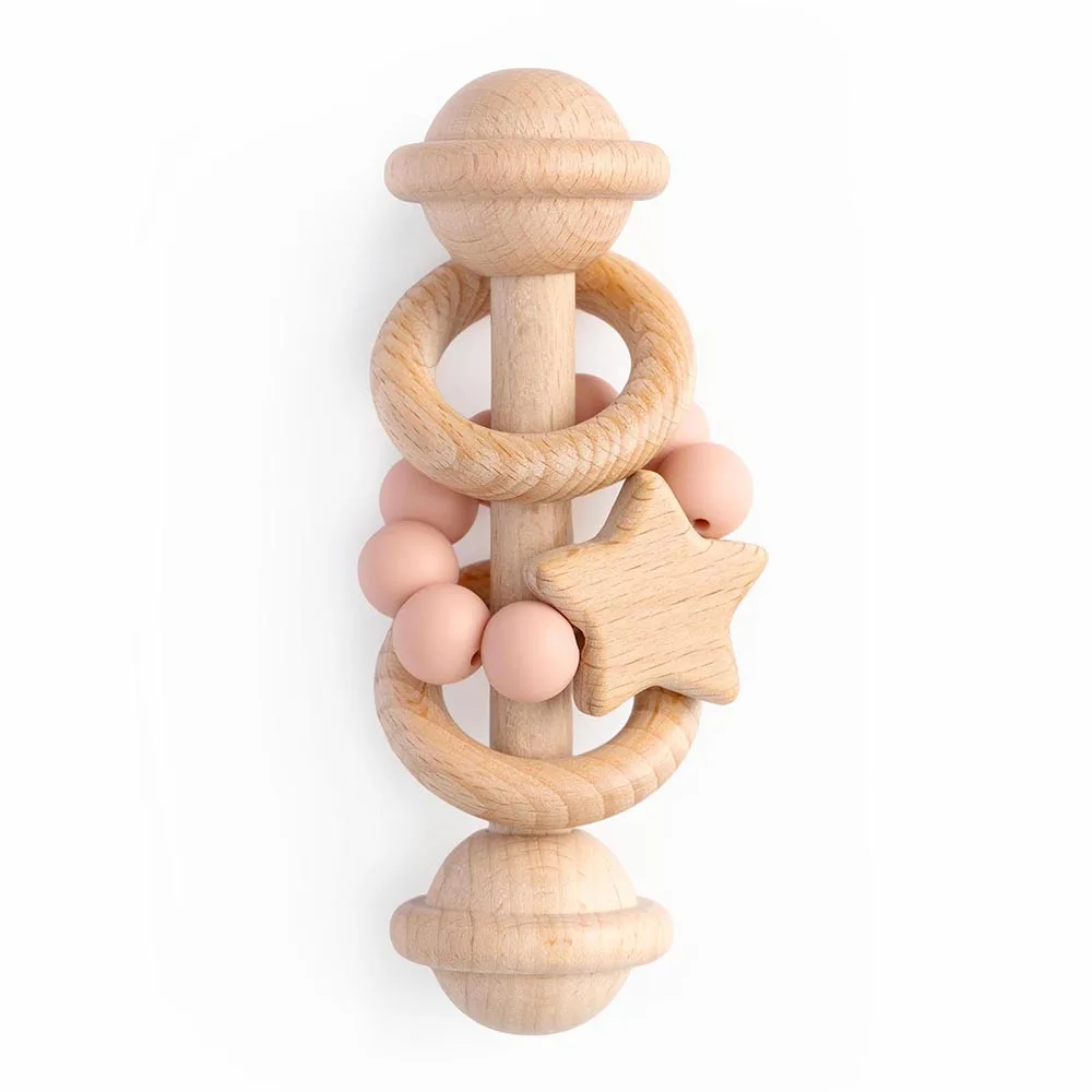 erduo Baby Wooden Rattle Natural Beech Ring Silicone Beads Montessori Grasping Teething Toy for Babies