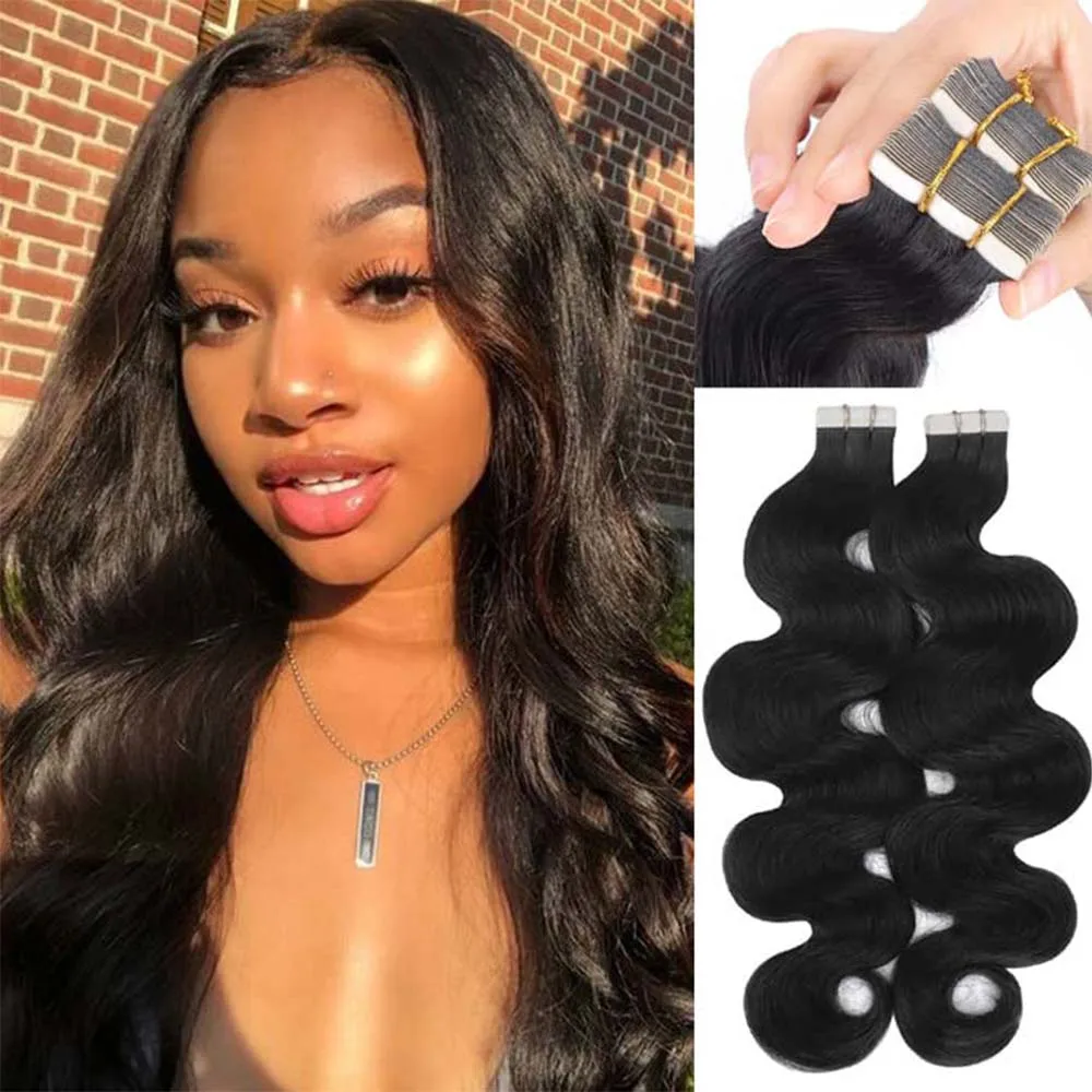 

Black Body Wave Tape Hair Extensions Real Human Hair Seamless Easy to Blend