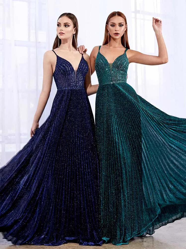 New Design Emerald Green Long Prom Dresses Spaghetti Strap Beading Pleated Formal Women Party Gown YQLNNE