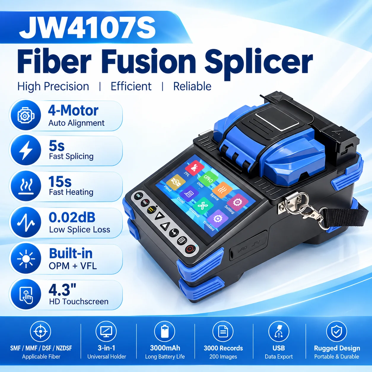 JW4107S Fiber Fusion Splicer 4-Motor Auto Alignment OPM VFL 0.02dB 4.3