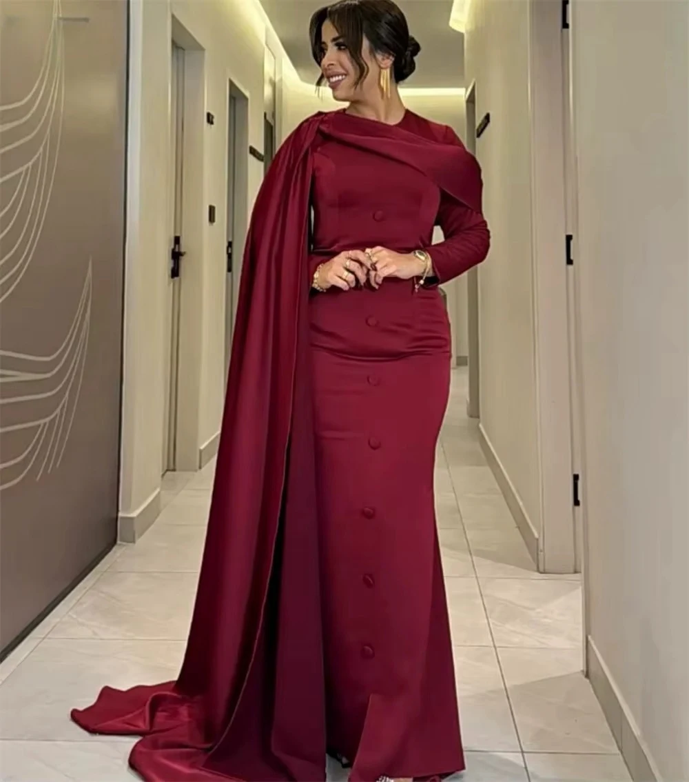 فساتين سهرة مثيرة مخصصة للقياسات العربية السعودية باللون العنابي المتواضع مع كيب برقبة دائرية وأكمام طويلة فستان حورية البحر للحفلات مذهل #3