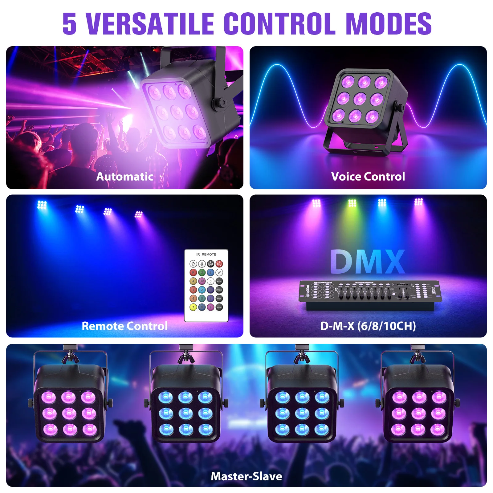 Fieryzeal 2PCS 54W RGBWA+UV 9 LED Par Light DMX512 Stage Effect Light 6IN1 Rechargeable Battery LED Light for DJ Party Club Show