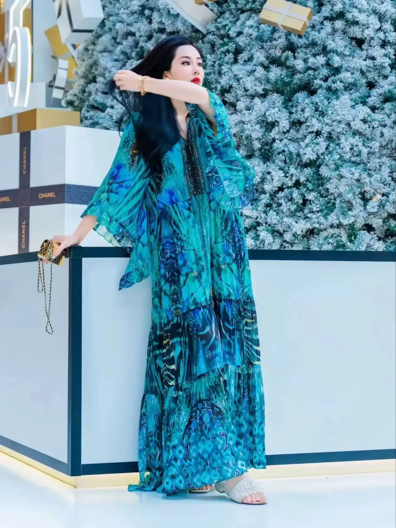 エレガントで豪華なボヘミアン風サマーロング100％シルクドレス