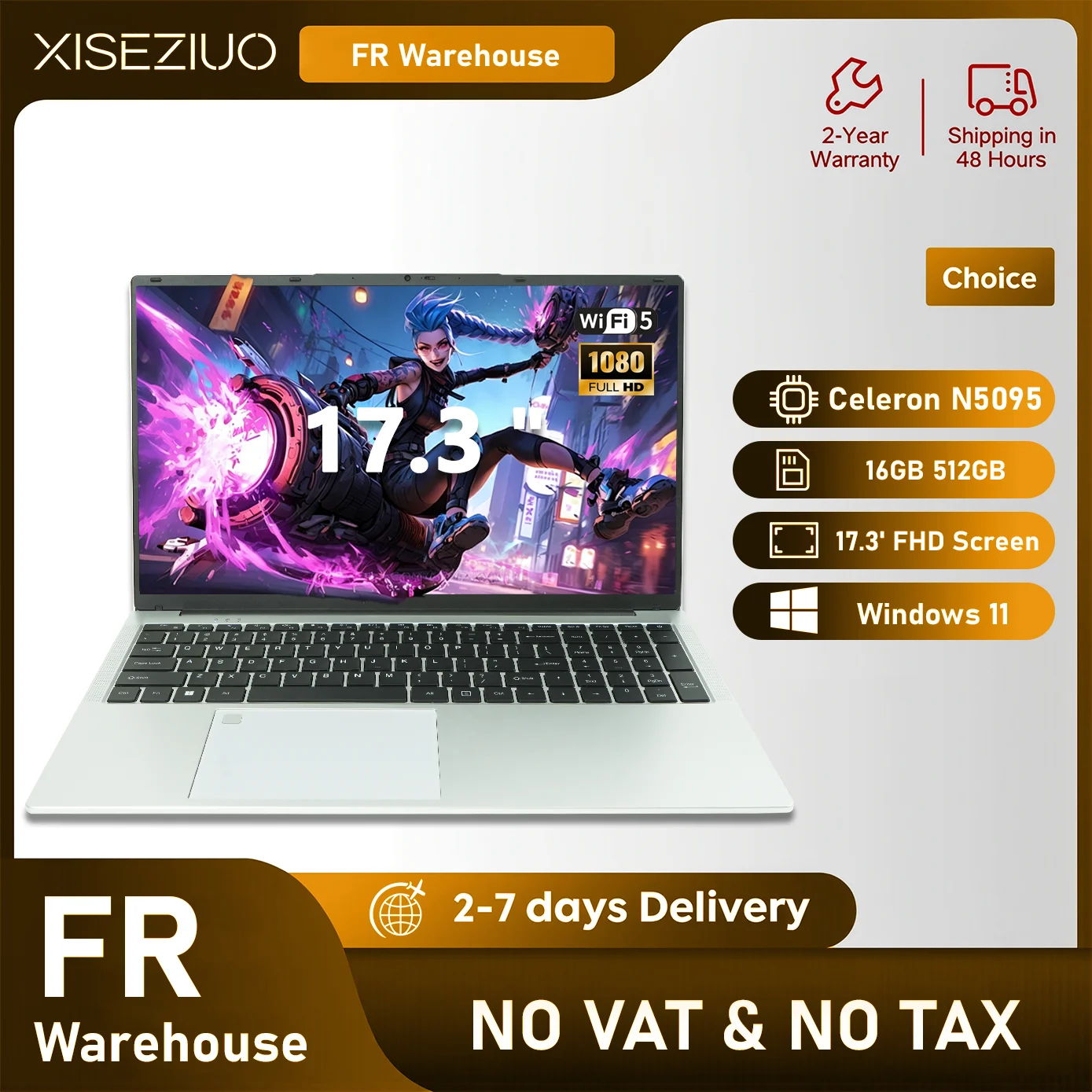 Ordinateur Portable 17.3 Full HD | Processeur Quad-Core Pouces Celeron N5095, 16Go RAM 512Go SSD  Grande Autonomie Écran IPS 180°, PC Portable Déverrouillage Empreinte Digitale, Laptop Type C USB3.0