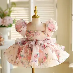 Jill Wish J410 Floral Puffy Sleeve Princess Girl Dress Knee Length Toddler Kids Wedding 1st Birthday Pageant Party Ball Gown