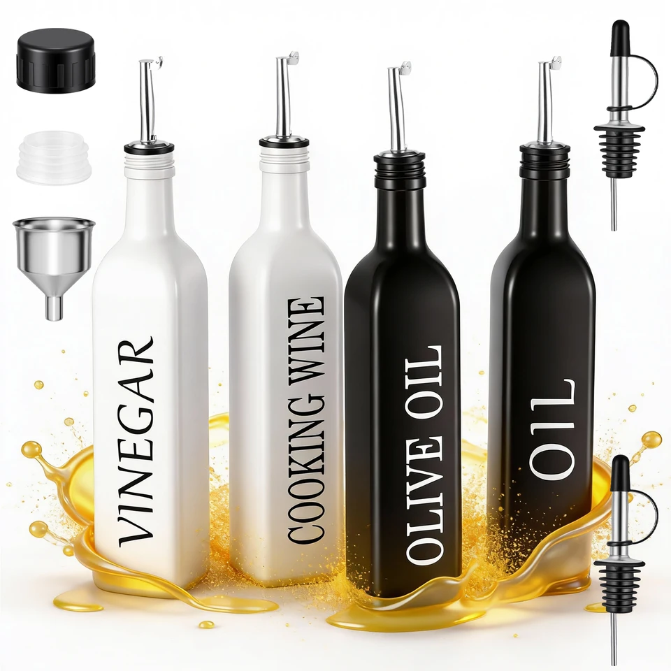 Set of 4 Glass Oil Vinegar Bottles with Spouts