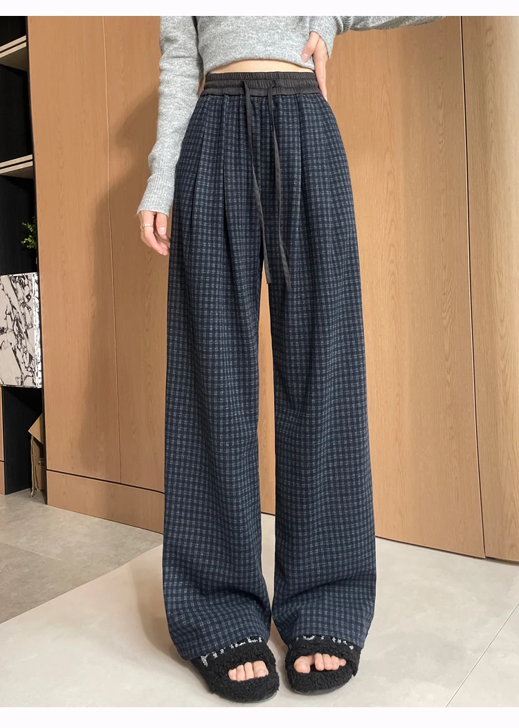 

Женские черные повседневные брюки в клетку на шнуровке с эластичной резинкой на талии, корейские осенние вязаные прямые брюки, модные напольные брюки с высокой талией