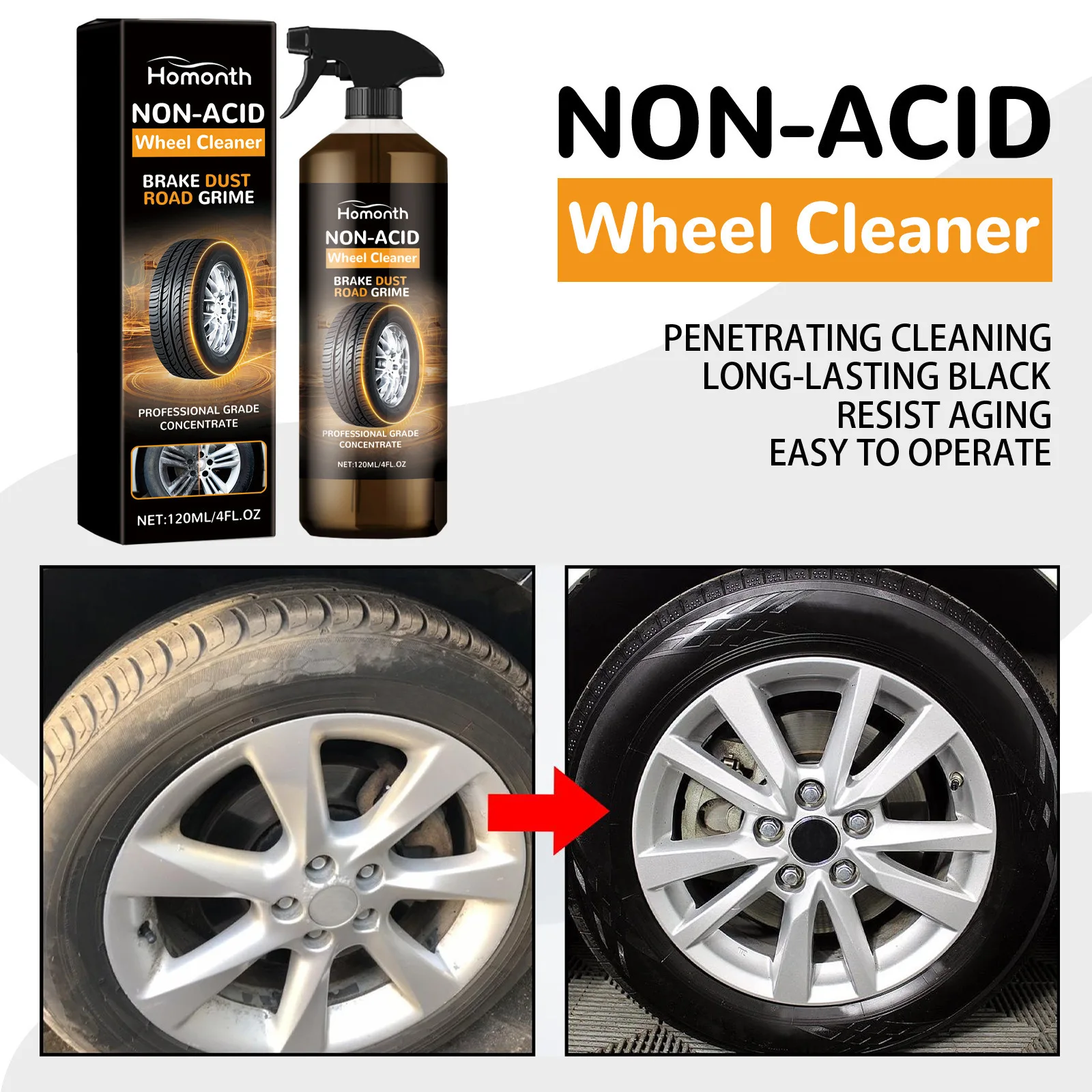 Homonth 120ml Wheel Cleaner Spray Tire Polishing Shine Cleaning Eco-Friendly Non-Acid Car Tire Maintenance Brake Dust Cleaner