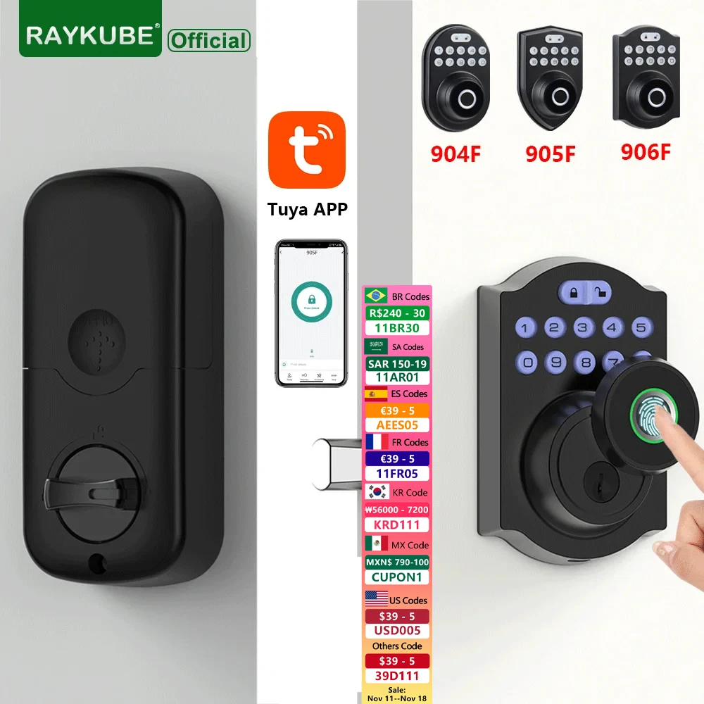 RAYKUBE Tuya BLE Fingerprint Deadbolt Lock Smart Digital Lock With Auto Lock Delay Password/Key/APP Remote Unlock 904F/905F/906F