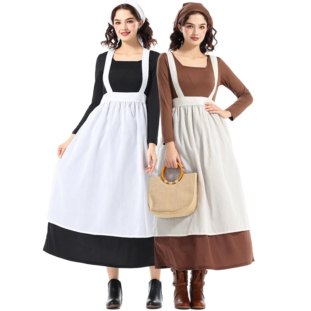 

Women French Maid Costume Manor Long Maid Dress with Apron Headscarf Halloween Lolita Coffee Waitress Cosplay Party Fancy Dress