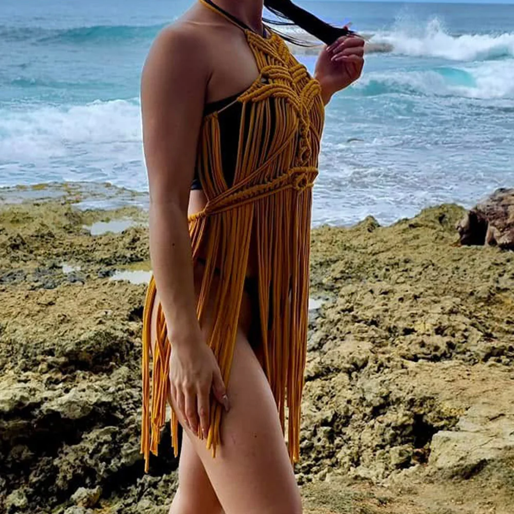 Festival Vacation Boho Beach Wrap Swimsuit Cover Up Crochet Halter Fringe Dress Handmade Cord Woven Mustard Long Macrame Dress