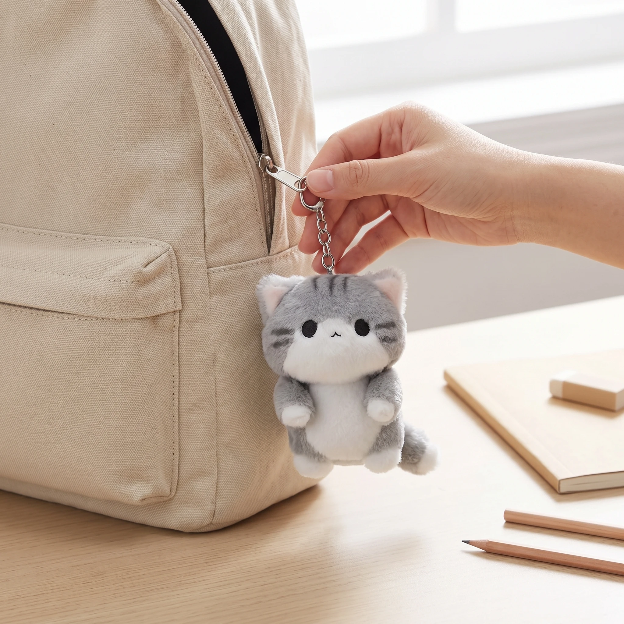 Cute Grey Soft Cat Plush Doll Keychain for Backpack - Soft Toy Ornament Gift for Cat Lovers