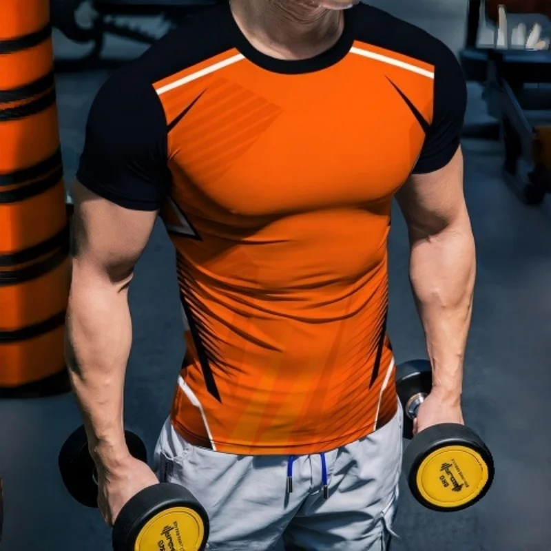 Herren Schnelltrocknende Kompressions-T-Shirts Orange-Schwarz Farbblock Kurzarm Fitness-Oberteil Atmungsaktives Dehnbares Workout-Trainingsshirt