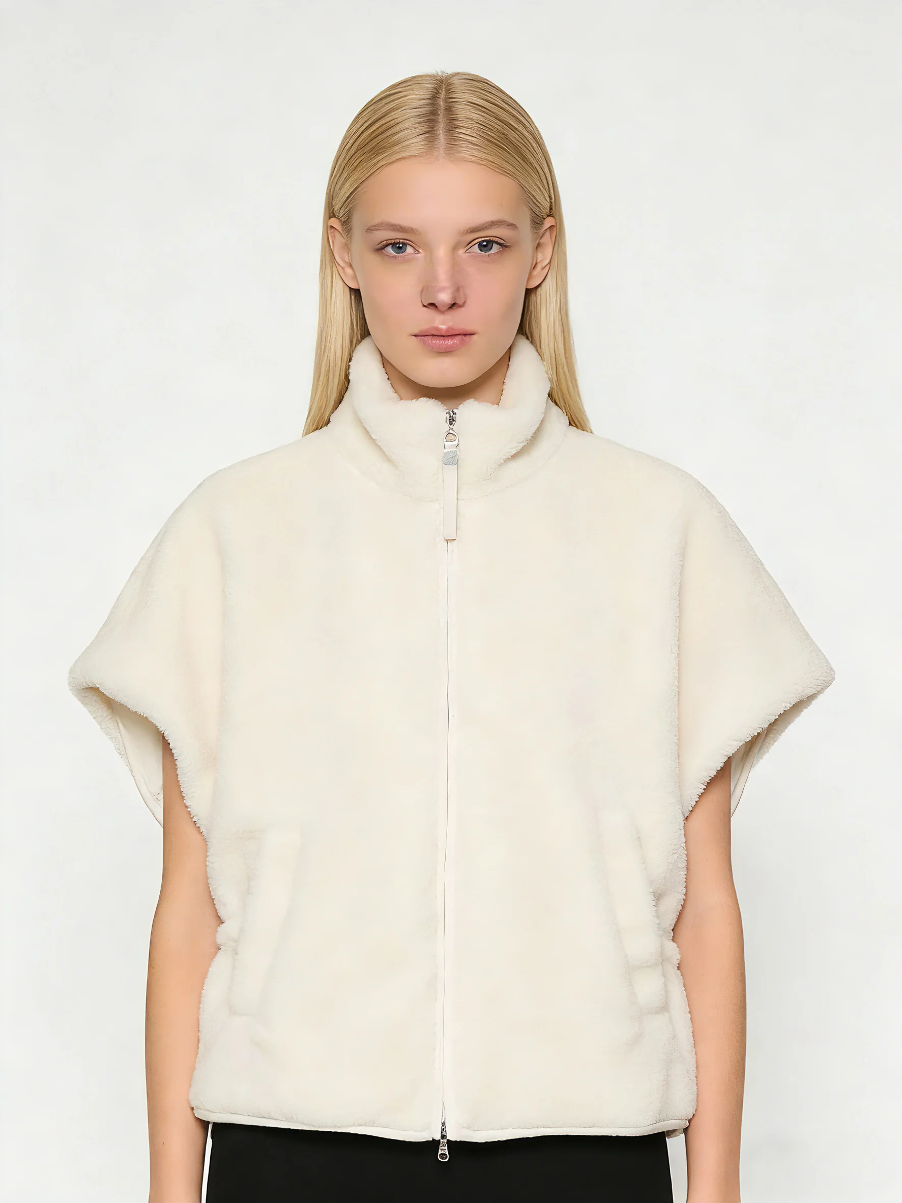 

Элегантный кремовый флисовый жилет с короткими рукавами на молнии для женщин, пушистая верхняя одежда