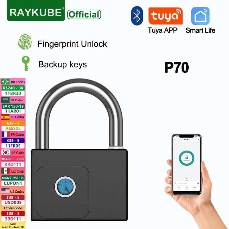 RAYKUBE P70 Tuya BLE Smart Fingerprint Padlock Waterproof Remote Unlock USB Charging Key Unlock Anti-theft Cabinet Door Lock