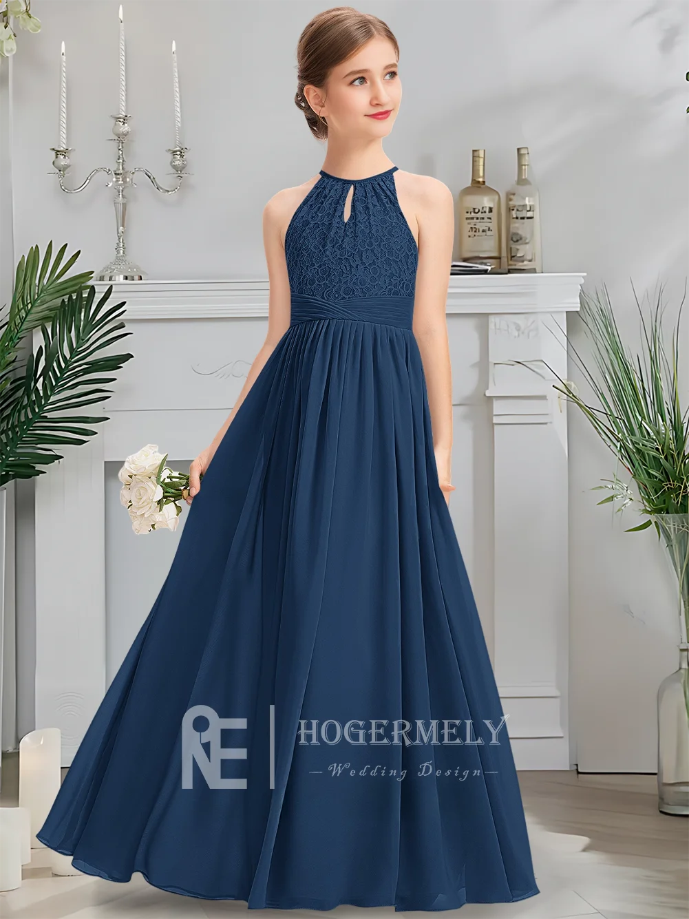 Luxuoso halter júnior vestido de dama de honra meia-noite marinha flor menina vestido até o chão chiffon renda sagrada comunhão vestido de casamento