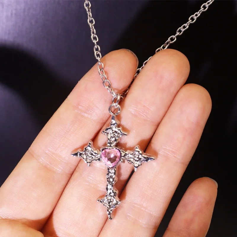 5Pcs Gothic Cross Necklace Set, Silver Chain Hollow Silk Cross Pink Heart Spades Poker Card Heart Pendant Necklace Jewelry