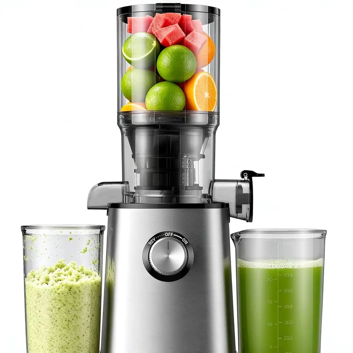 Cold Press Juicer with 110 MM Large Feed Chute, Masticating Juicer Machines Fits Whole Fruits and Vegetables, Self Feeding Slow Juicer with Low Noise, Easy to Clean, Silver image 3