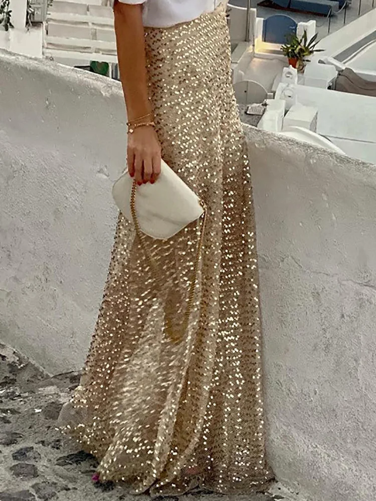 Elastic Waist Gold Sequin Glitter Skirt Elegant Women Slim Fit Holiday Long Skirt Female Floor-Length Skirt With Lining Vestido