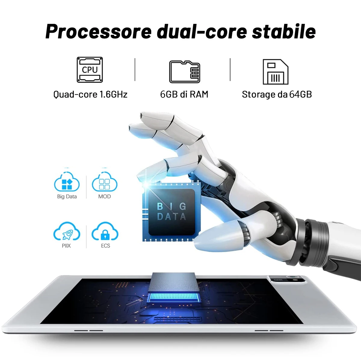 MB1001 Tablet Android 13 da 10,1 pollici 6 GB RAM 64 GB ROM Quad-Core 5000 mAh Batteria HD IPS Touchscreen WiFi Bluetooth 5.0 Tablet PC