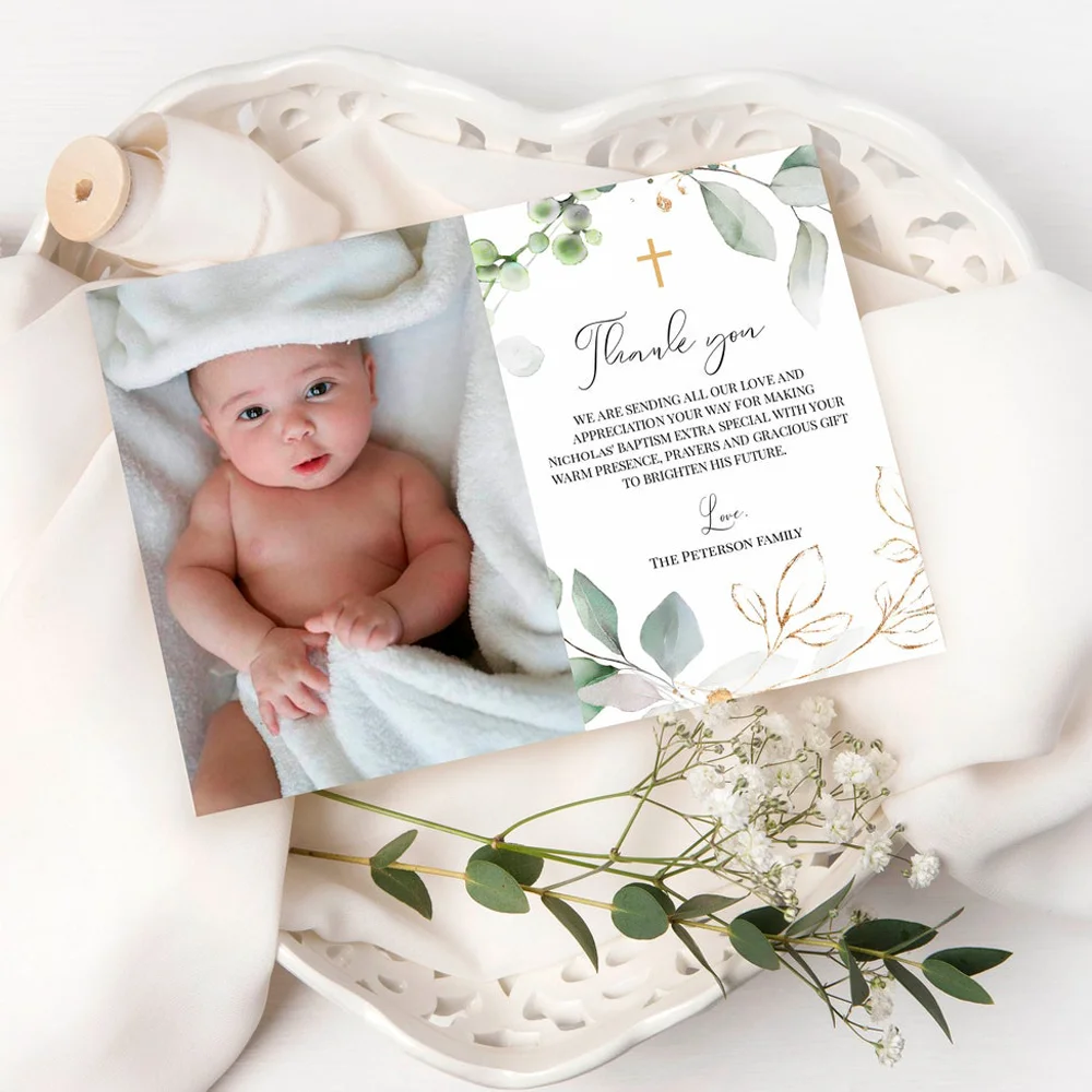 

Gold Baptism Thank You Card, Green Thank You Card, 100% Customizable Thank You Card, Religious Thank You, Photo Thank You