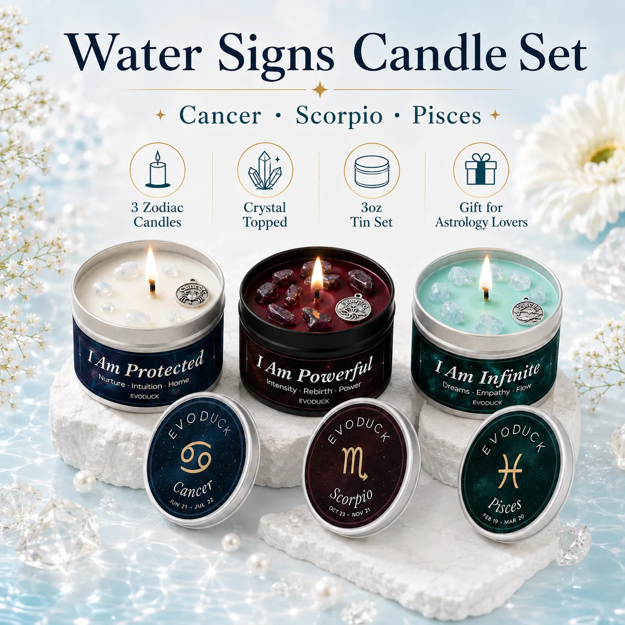 Water Signs Zodiac Candle Set 3 Pack Cancer Scorpio Pisces Scented Soy Candles with Healing Crystal Gemstones 3oz Tin Astrology Affirmation Candle Meditation Spiritual Gift Set for Women Halloween Mothers Day Baby Shower Astrology Lovers Mom Daughter
