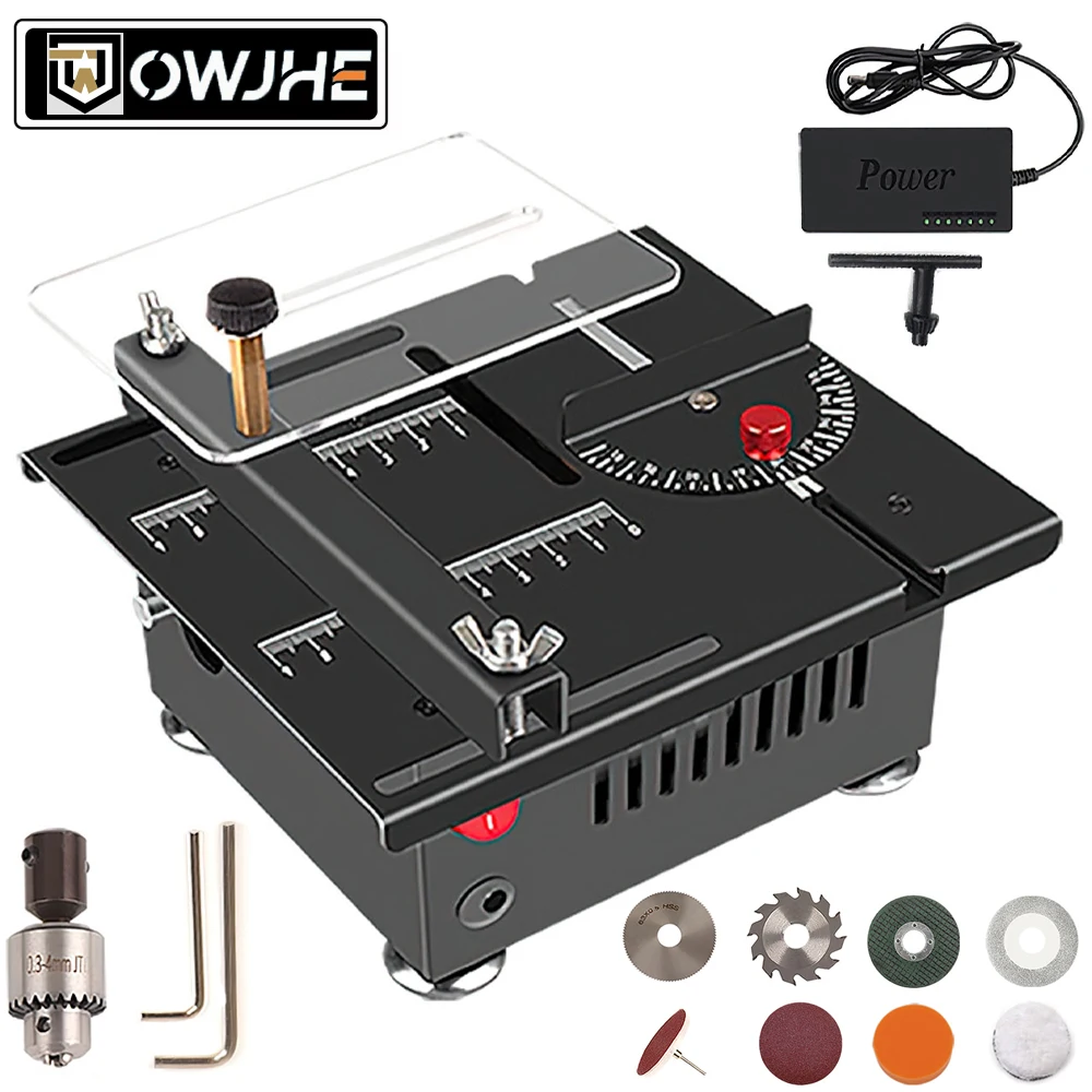 OWJHE DC24V 100W Mini Sega da tavolo Sega da banco elettrica ad alta potenza 6 velocità regolabile Modello fai da te Macchina da taglio per la casa Lama da 63mm