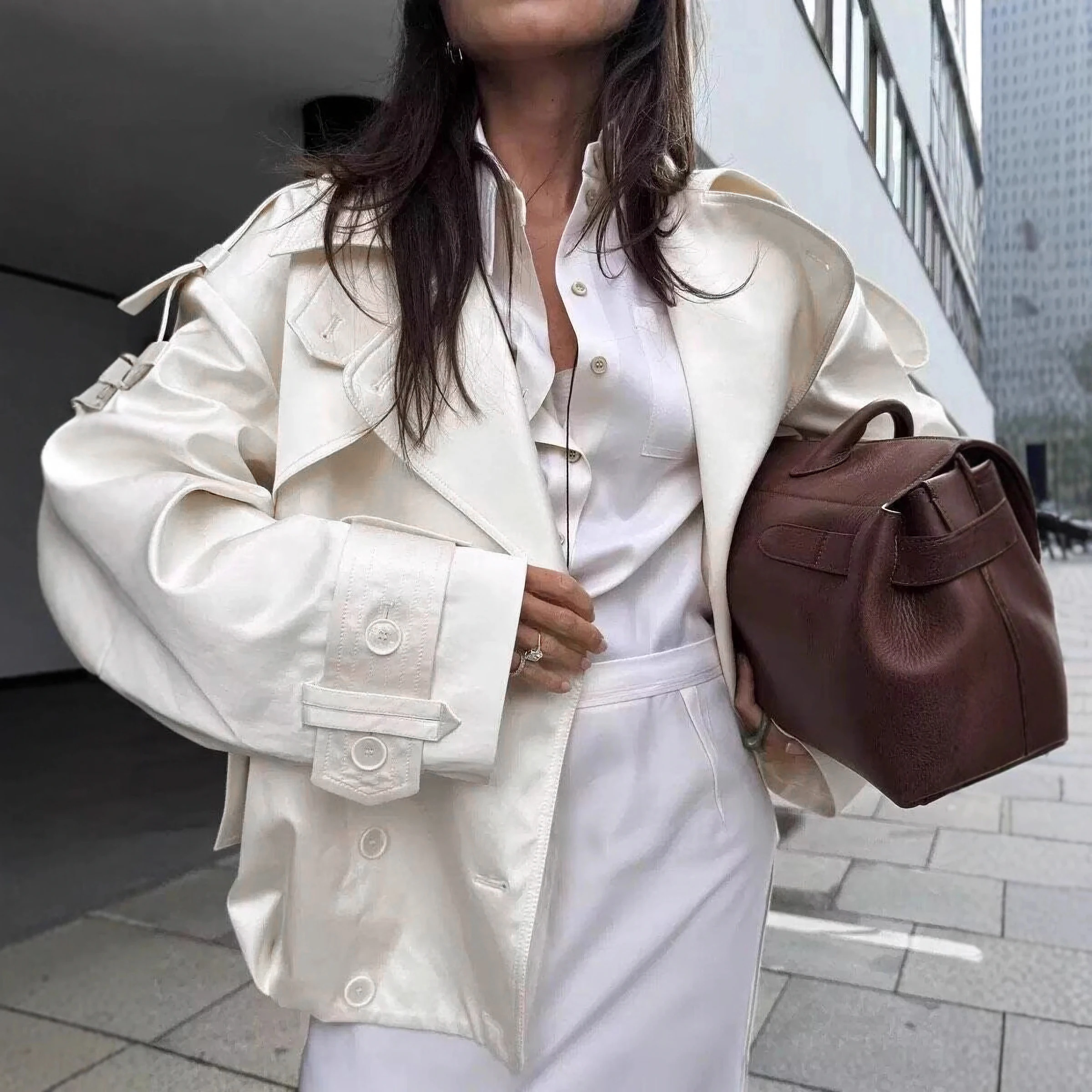 Women White Oversized Short Trench Coat Lapel Double Breasted Drawstring Windbreaker Shoulder Strap Loose Casual Jacket Outwear