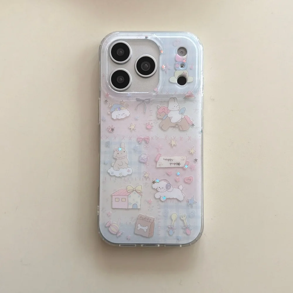 

Pink stitching fantasy puppy and rabbit mobile phone case, suitable for iPhone 17/14/15/16ProMax, new shockproof protective case
