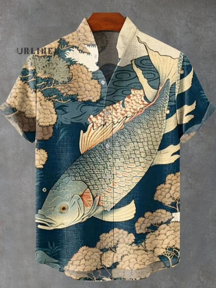 Новая мужская рубашка из льняной удобной ткани с короткими рукавами и принтом рыбы в стиле ретро, гавайская рубашка, быстрая доставка