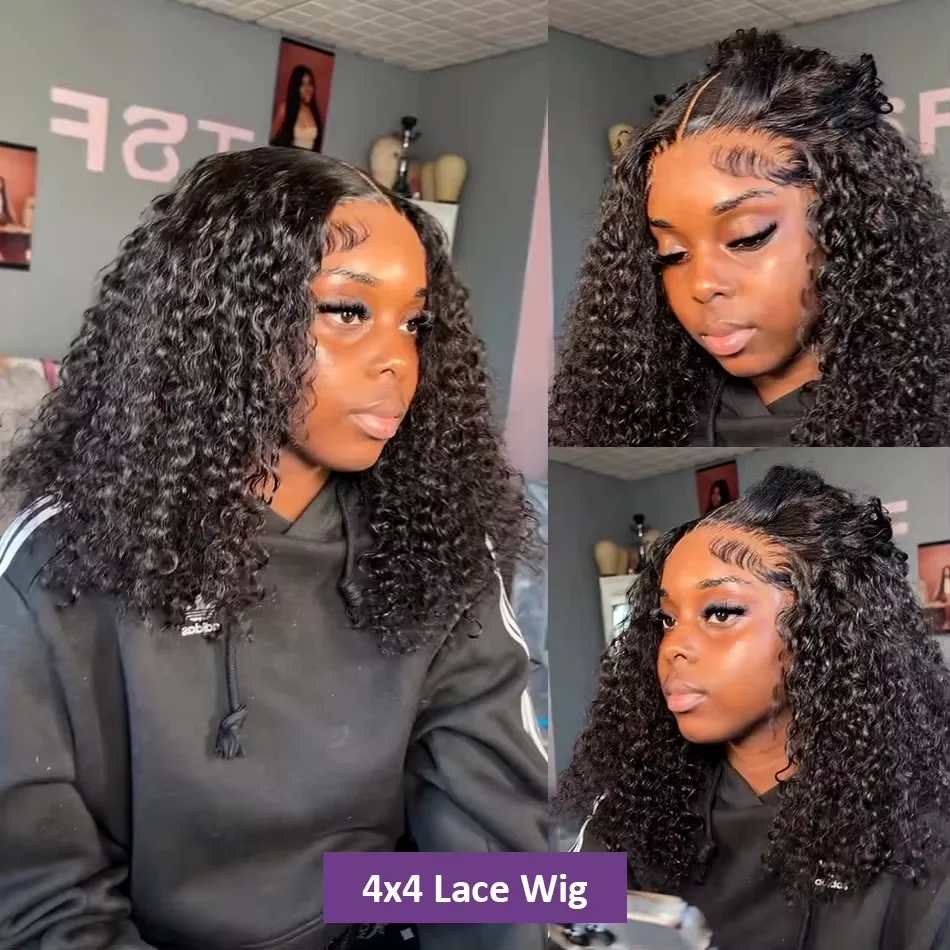 13x4 Lace Front Human Hair Wigs 100% Human Hair Pre Plucked Deep Wave Curly Short Bob Wigs For Women 4x4 Lace Closure Wig 220% image 4