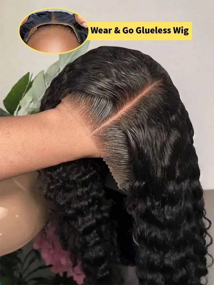 250% Density 40 Inch Glueless Put On And Go 5x5 Lace Closure Deep Wave 13x4 13x6 Front Human Hair Curly No Lace Ready To Go Wigs