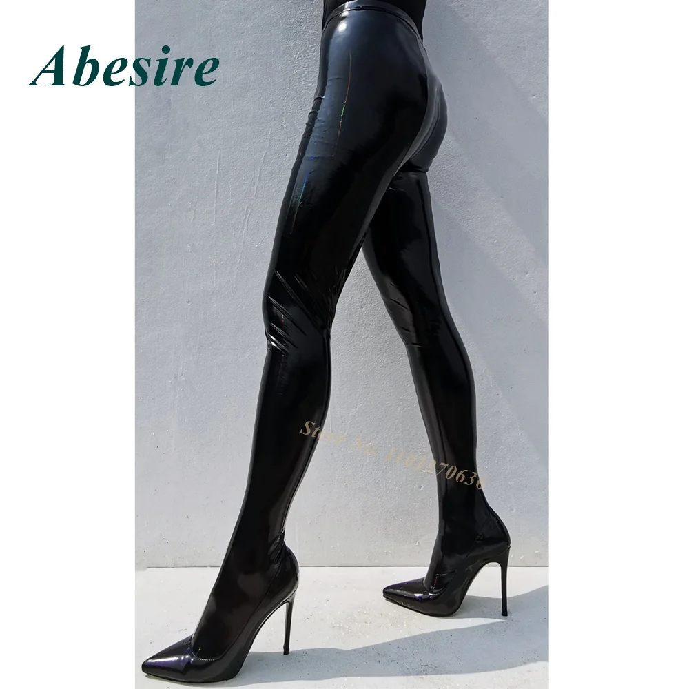 Patent Leather Pant Boots Pointed Toe Stiletto Heels Women Long Boots Black Solid Glossy Slip On Thin Sexy Girls Party Shoes