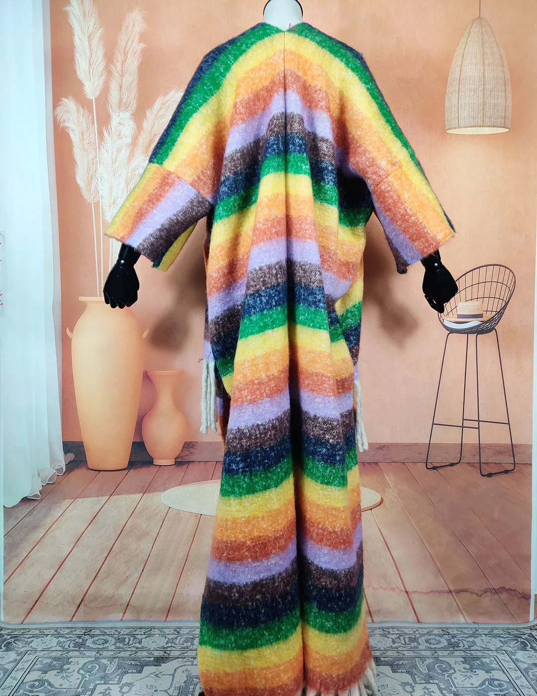 African Popular Women Winter Warm Open Side Duster Coat Oversize Soft Colorful Fuzzy Long Cardigans Tassel Kaftan CLothing