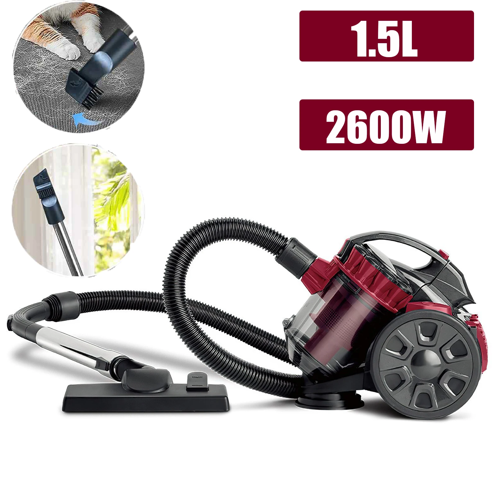 Aspiradora cilíndrica sin bolsa, recolector de polvo para alfombras con cable, Motor para mascotas de alta potencia de 2600W, taza recolectora de polvo de 1,5 L