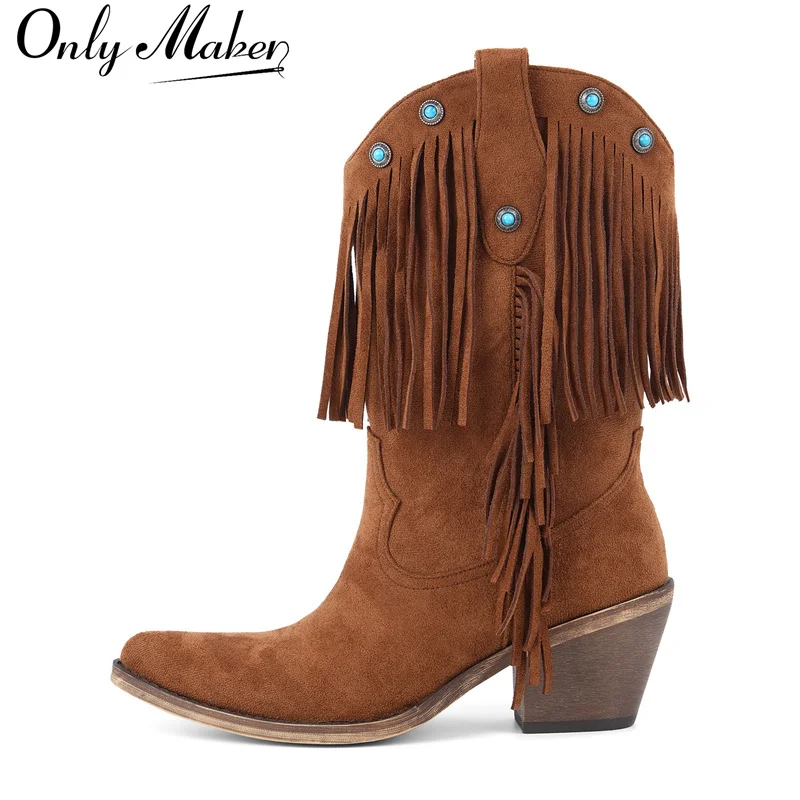 

Onlymaker Women Brown Pointed Toe Fringe Rhinestone Suede Block Heels Western Boot Mid Wide Fringed Cowboy Boots