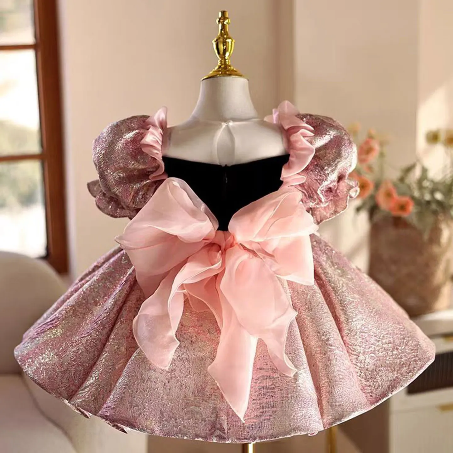 Jill Wish J467 Pink Flower Girl Dress Lace Beads Puffy Sleeve Princess Toddler Kids Wedding 1st Birthday Pageant Party Ball Gown
