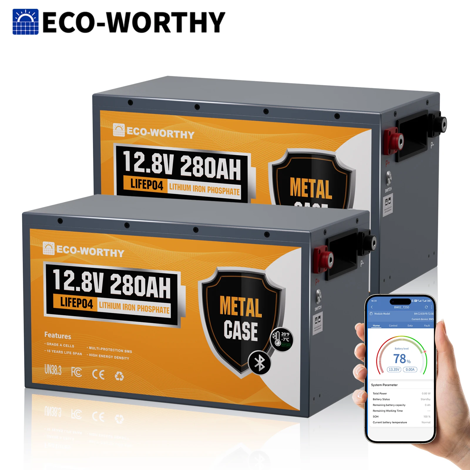 ECO-WORTHY 2Pack 12V 280Ah Metal Case LiFePO4 Battery w/Bluetooth & Low Temp Cutoff - Built-in 200A BMS - Deep Cycle for Camper, Traile