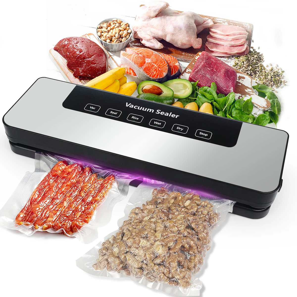 

Стандартная запечатывающая машина США, вакуумный упаковщик, компактный дизайн, автоматический в одно касание, режим сухого и влажного воздуха, с вакуумными пакетами